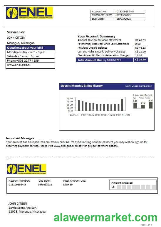 Nicaragua Nicaraguan Electricity Company ENEL electricity utility bill template in Word and PDF format